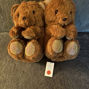 Brown Teddy Bear Slippers with Rhinestone Accents